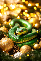 Fototapeta premium A colorful green snake rests curled up among shimmering golden ornaments, creating a unique festive display during the holiday season