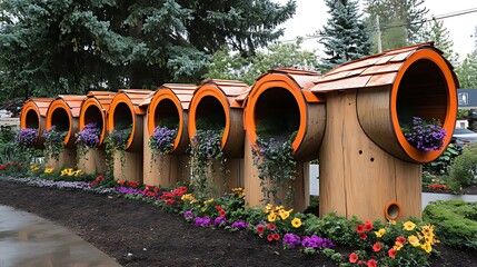 Fototapeta premium Row of six orange and wooden planters with flowers, in a garden setting.