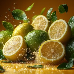 Fresh Citrus Fruits with Splashing Water and Leaves