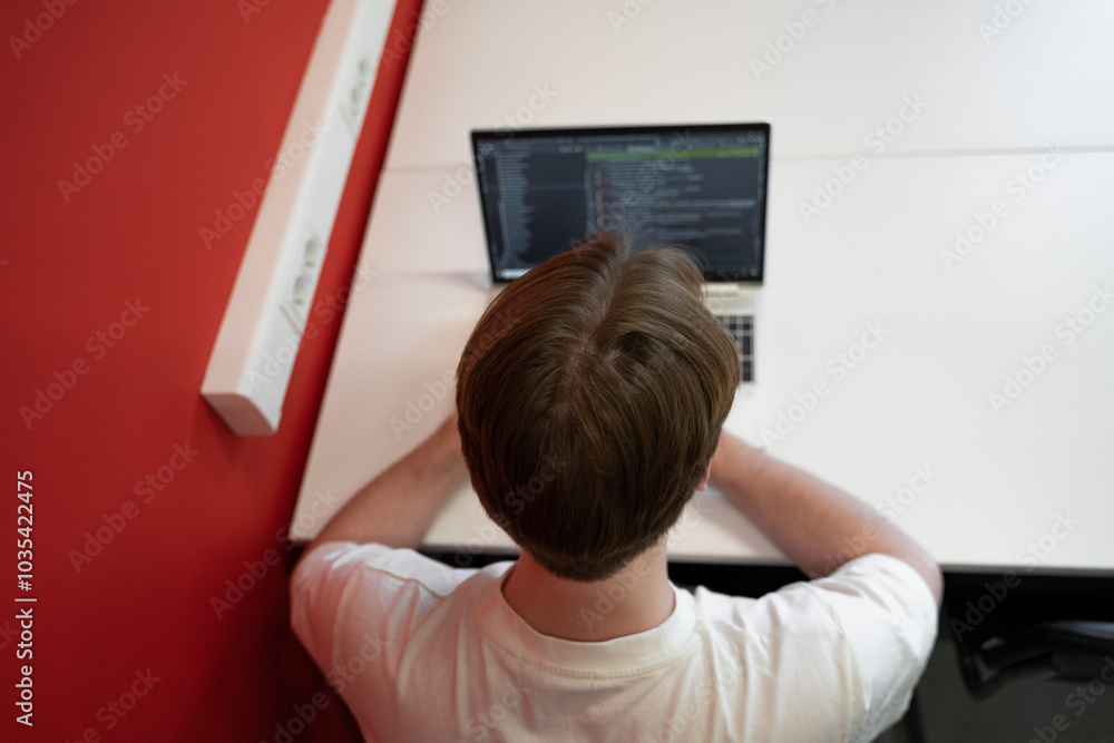 Poster an it specialist focuses intently on programming tasks using a laptop in a vibrant coworking space. 