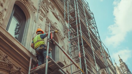 A construction worker assembling scaffolding around a historical building for restoration work, Restoration scaffolding scene, Historical preservation style