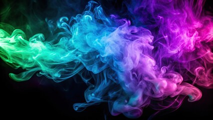 Fototapeta premium Low angle neon purple blue and green puff of smoke on dark background