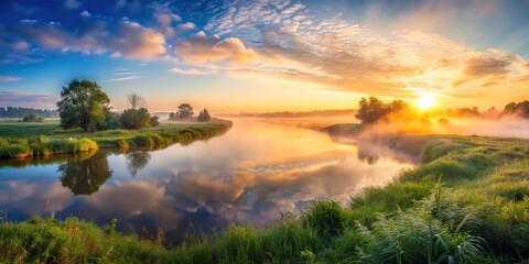 Low angle panorama summer landscape sunrise fog river