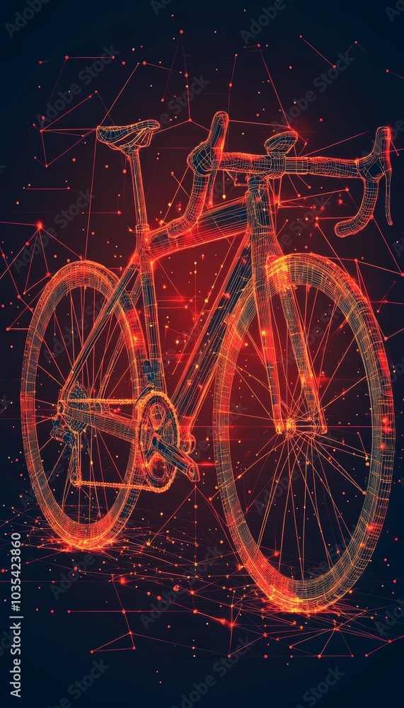 Poster digital racing bicycle with illuminated frame and wheels abstract geometric red. tech illustration.