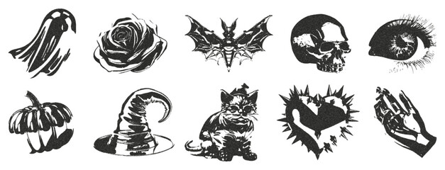 Trendy retro Halloween design elements for printing stickers, posters, collages, banners. Cat, hand, eye, pumpkin, hat, rose heart, skull with vintage grunge effect. Chrome figurines Vector.
