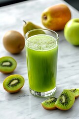 Fresh Green Smoothie with Fruits on Marble Surface