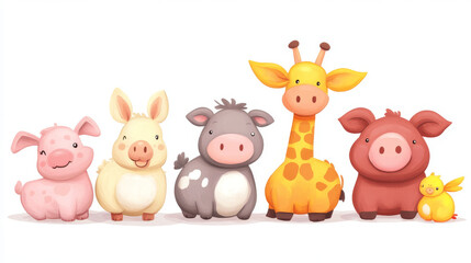 Obraz premium A group of adorable farm animals gathered together, isolated on a white background.