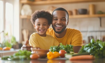 Father and son cooking together in kitchen, Generative AI