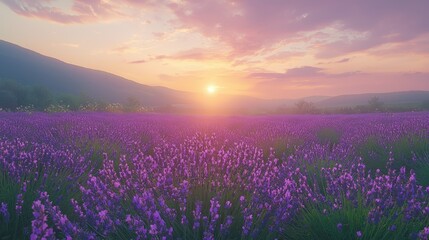 Fototapeta premium Sunset over a lavender field in mountains.