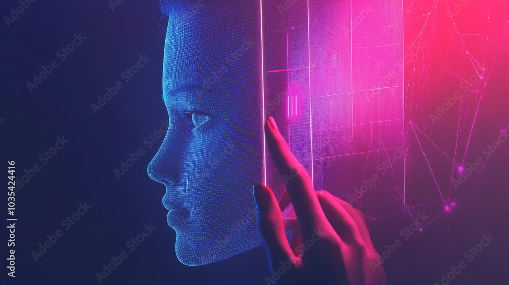 Poster a hand interacting with a user interface to unlock a device using facial identification, illustratin