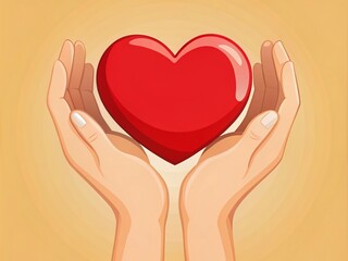 Hands Holding Red Heart for Love and Charity Concept in Flat Style Vector Illustration