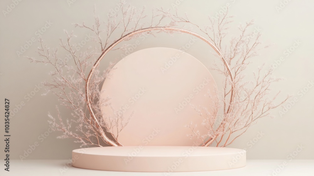 Leinwandbilder a soft pink setting features a circular platform surrounded by delicate branches. this minimalist de