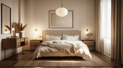 An elegant Scandinavian bedroom featuring a double bed with a headboard bedside tables