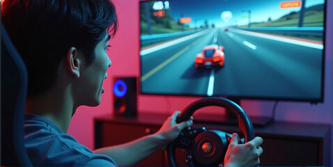 Gamer playing a car racing simulation at home with a steering wheel controller and having fun, e-sports and gaming industry