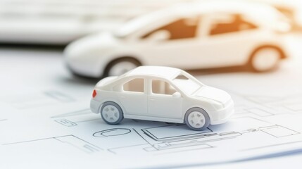 Small white car models placed on an architectural blueprint, symbolizing urban planning, vehicle design, or transportation development..
