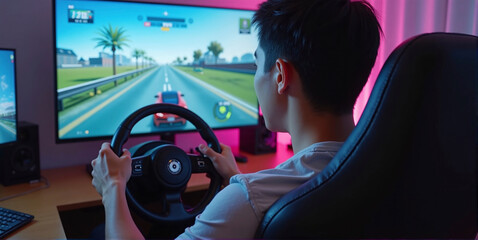 Gamer playing a car racing simulation at home with a steering wheel controller and having fun, e-sports and gaming industry