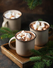 Mugs of creamy hot cocoa topped with marshmallows on wooden tray. Green fir branches.
