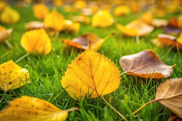 Low angle view of autumn yellow and brown aspen leaves on green grass