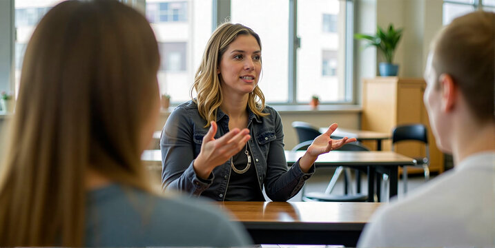 School counselor talks to pupil or student about the semester and further steps in studies, advice, help and orientation at school and in studies