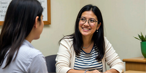 School counselor talks to pupil or student about the semester and further steps in studies, advice, help and orientation at school and in studies