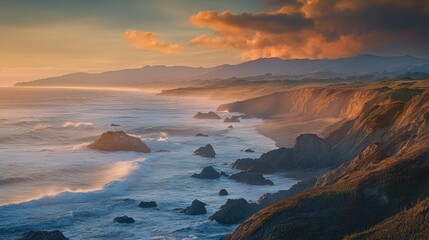 Obraz premium Ocean waves crashing on rocky coastline at sunset.