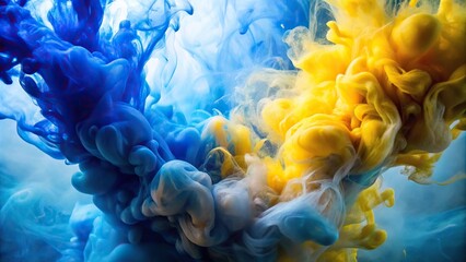 Fototapeta premium Low angle view of blue and yellow ink clouds blending in water abstract background