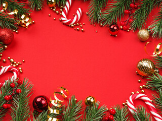 Christmas background fir and balls on red