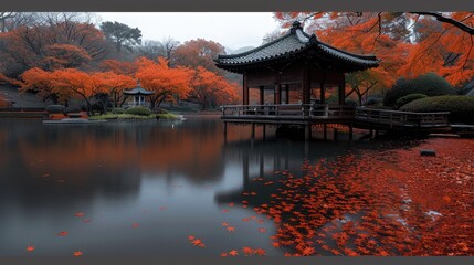 Obraz premium A traditional Japanese garden in autumn, vibrant red and orange maple leaves covering the ground, a small wooden pavilion by a pond.