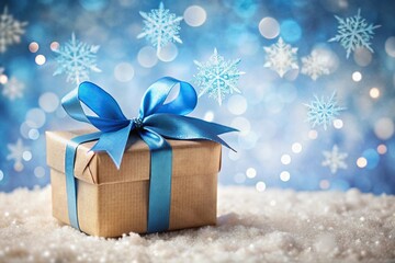 Low angle view of Christmas gift box with blue ribbon on snowflake background
