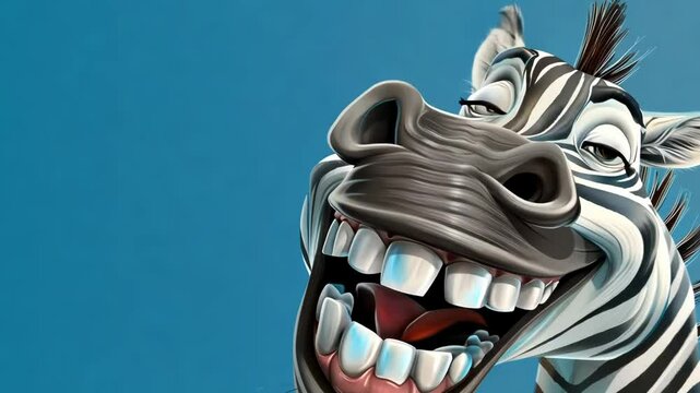 A smiling zebra on a blue background wiggles his ears and flaps his eyes