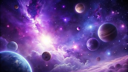 Low angle view of cosmic realm with celestial bodies against purple backdrop