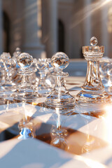Chess queen shines crystal, light bounces off surfaces. Pure elegance, intellect.