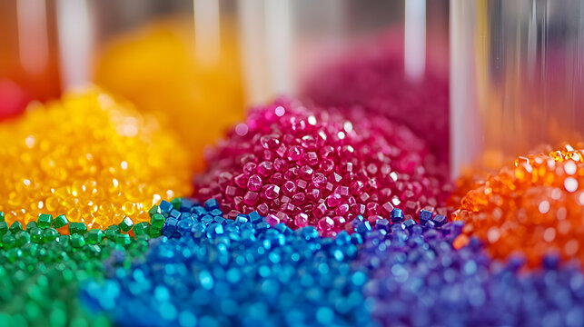 Plastic granulate in orange, a pile of plastic granulate, PA6, ASA, PP, fiberglass, orange plastic granulate for product presentation, plastics engineering, injection molding technology, 3D printing