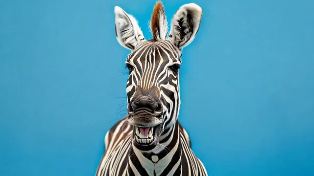 A smiling zebra on a blue background wiggles his ears 
