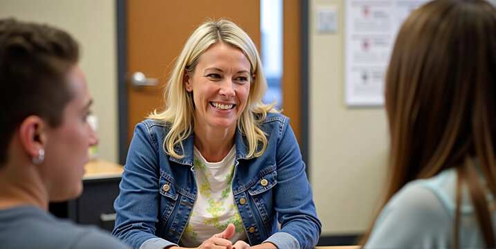 School counselor talks to pupil or student about the semester and further steps in studies, advice, help and orientation at school and in studies