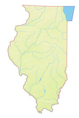 Map of the State Illinois (US) showing the isolated territory with relief representation, water bodies like seas, rivers, lakes and with borders. No labels at all.