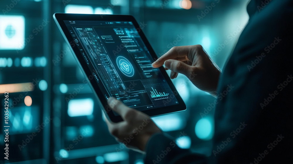 Poster a man using a tablet with face id scan technology, showcasing modern advancements in login methods. 