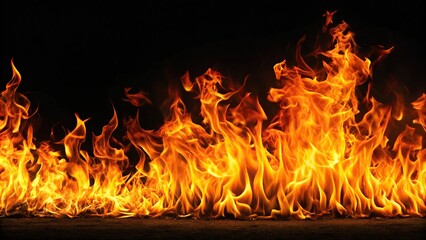 Low angle view of fiery flames against a black background, perfect for wallpaper or backdrop
