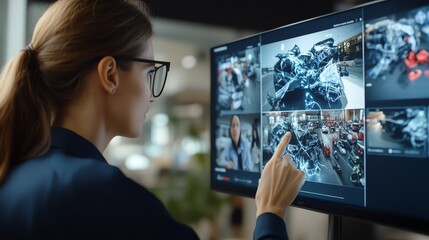 A businesswoman in a suit and glasses monitors security footage on a large screen, her finger pointing at a specific camera feed.