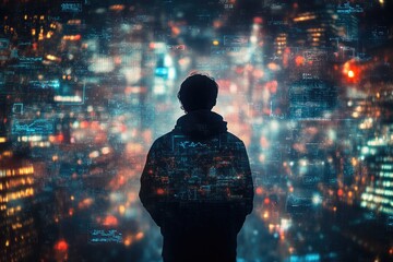 Fototapeta premium Businessman analyzing hologram of night cityscape with data and charts