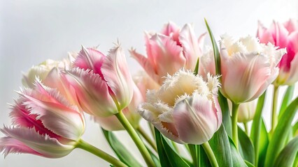 Fototapeta premium Low angle view of fringed tulips in white and pink colors on white background