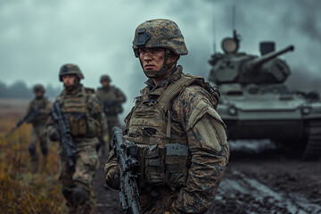 Fototapeta premium Soldiers in military gear prepare for action near a tank