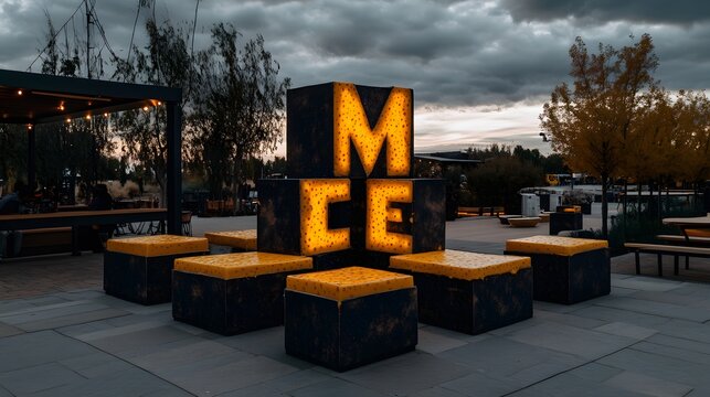 A metal sign with illuminated letters spells out 'MCE'.