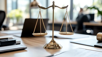 Golden scales of justice on a lawyer's desk, symbolizing fairness and legal proceedings.