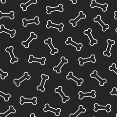 Seamless pattern of collection of white outline style bones scattered on a black background