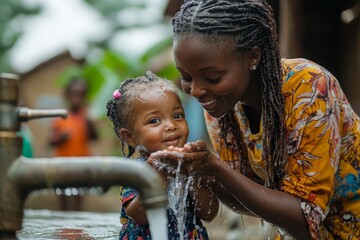 Caring mom teaching her daughter to wash her hands with running water, Generative AI
