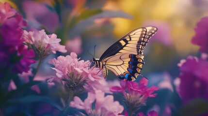 Butterfly feeding on pink flowers in a garden.