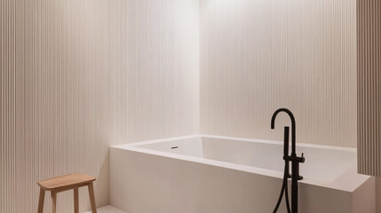 Modern Bathtub with Elegant Wall Design, Wooden Stool and Black Faucet for a Stylish Bathroom