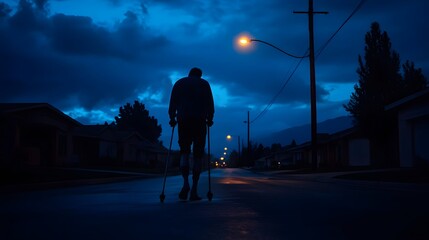 Man on crutches walking down a street at night