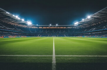 A wide shot of a soccer stadium at night, with bright lights illuminating the field.